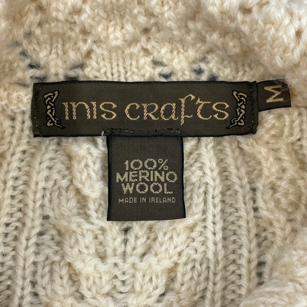 Inis Crafts Cream Merino Wool Cable Knit Full Zip Cardigan Sweater Women Medium